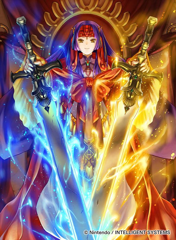 1girl bow brown_eyes cape dual_wielding fire_emblem fire_emblem:_akatsuki_no_megami fire_emblem:_souen_no_kiseki fire_emblem_cipher gem glowing glowing_sword glowing_weapon holding holding_sword holding_weapon indoors kita_senri long_hair looking_at_viewer magic nintendo official_art purple_hair red_bow red_cape red_headband sanaki_kirsch_altina smile solo standing sword very_long_hair watermark weapon