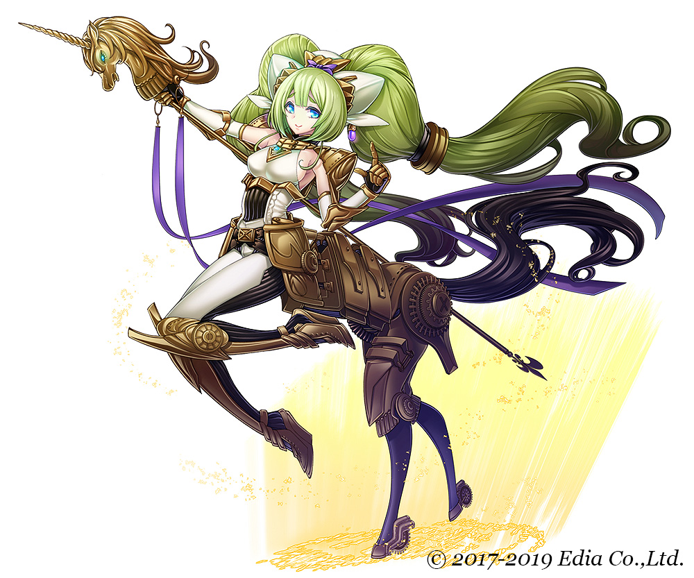 1girl armor blue_eyes breasts brown_footwear brown_gloves centaur company_name dougan_calpis_con elbow_gloves full_body gloves green_hair hair_ornament headpiece holding_lance index_finger_raised iolite_link lance long_hair looking_at_viewer medium_breasts official_art polearm simple_background smile solo standing tail twintails very_long_hair weapon