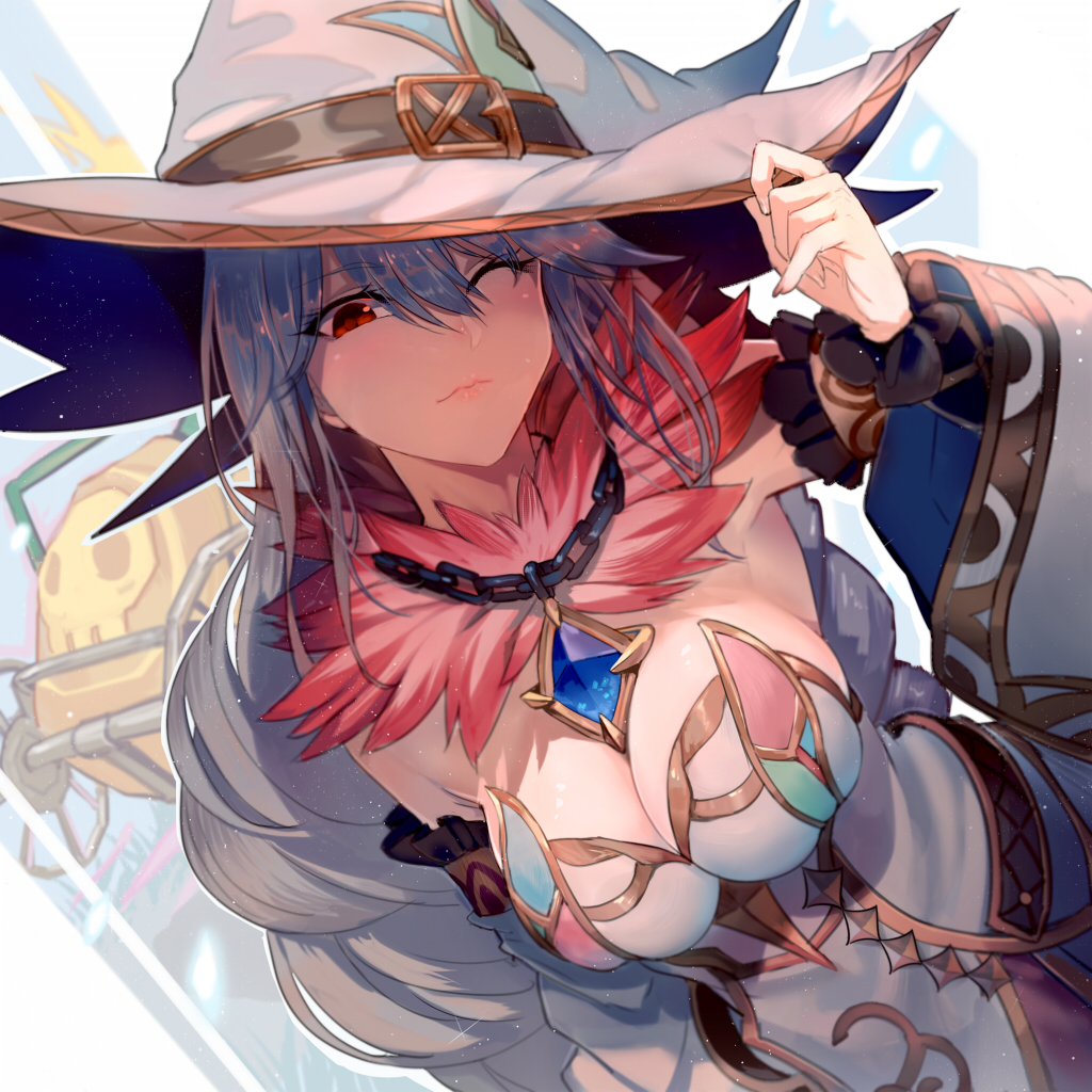 1girl amulet bangs blue_hair blurry blurry_background breasts chains character_request cleavage closed_mouth commentary_request detached_sleeves dress dutch_angle from_above fur_collar grimms_echoes hair_between_eyes hat large_breasts long_hair one_eye_closed red_eyes solo walzrj white_dress witch_hat