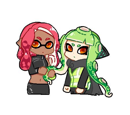 2girls artist_request bangs closed_mouth dark_skin domino_mask holding holding_hair inkling long_hair long_sleeves looking_at_viewer lowres mask multiple_girls octarian octoling pointy_ears redhead simple_background splatoon splatoon_(series) splatoon_2 splatoon_2:_octo_expansion squidbeak_splatoon suction_cups tentacle_hair vest white_background yellow_eyes yellow_vest