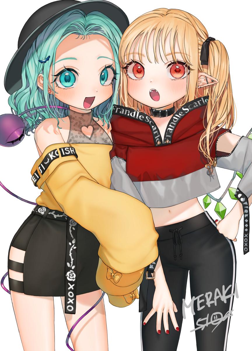 2girls :d :o adapted_costume alternate_costume bangs bare_shoulders belt black_belt black_choker black_headwear black_pants black_skirt blonde_hair blush casual character_name choker commentary contemporary cowboy_shot crop_top crystal eyebrows_visible_through_hair fangs flandre_scarlet forehead gotoh510 green_eyes green_hair hair_ribbon hand_on_hip heart_cutout highres hood hoodie komeiji_koishi long_hair long_sleeves looking_at_viewer midriff miniskirt multiple_girls nail_polish navel no_hat no_headwear off-shoulder_shirt off_shoulder one_side_up open_mouth pants pencil_skirt pointy_ears red_eyes red_hoodie red_nails red_ribbon ribbon shirt short_hair simple_background skirt sleeves_past_fingers sleeves_past_wrists smile standing stomach symbol_commentary thighs third_eye touhou white_background wide_sleeves wings yellow_shirt zipper