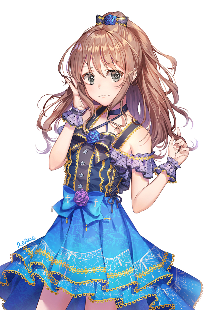 1girl :3 artist_name bang_dream! bare_shoulders black_bow black_choker black_shirt blue_bow blue_flower blue_skirt bow brown_hair choker closed_mouth collarbone cowboy_shot flower frills grey_eyes hair_bow hands_up imai_lisa lace_trim long_hair looking_at_viewer purple_flower roang rose shirt sidelocks simple_background skirt smile solo standing wavy_hair white_background wrist_cuffs