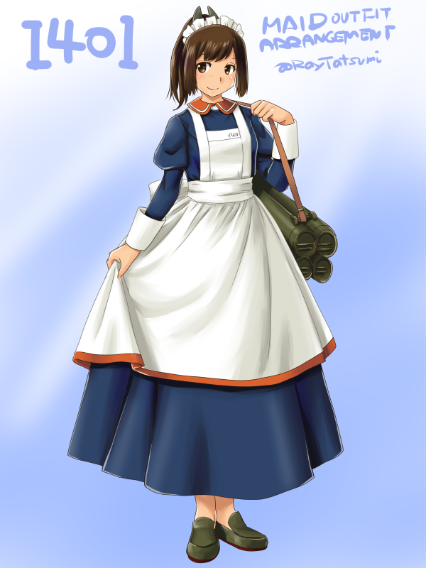 1girl adapted_costume alternate_costume apron blue_background blue_dress brown_eyes brown_footwear brown_hair character_name collared_shirt dress enmaided full_body gradient gradient_background hair_ornament hairclip hangar i-401_(kantai_collection) kantai_collection loafers maid maid_headdress no_socks ponytail shirt shoes short_hair short_ponytail skirt_hold solo standing tan tatsumi_ray tube twitter_username white_apron