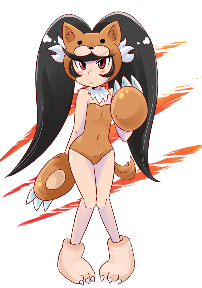 aipiepo animal_costume animal_feet animal_hood ashley_(warioware) black_hair hood kirby_(series) nintendo paws red_eyes short_twintails tail thighs twintails warioware white_fur