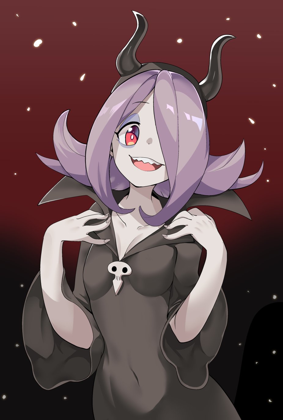 1girl black_background black_dress breasts commentary_request covered_navel dress flipped_hair gradient gradient_background hair_over_one_eye hands_up highres horned_headwear horns little_witch_academia long_hair open_mouth pale_skin popopo purple_hair red_eyes sharp_teeth smile solo sucy_manbavaran teeth wide_sleeves