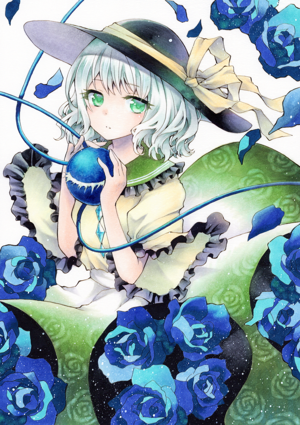 1girl black_headwear blouse blue_flower blue_rose collared_shirt floral_print flower frilled_sleeves frills funnyfunny green_eyes green_skirt hat hat_ribbon highres holding komeiji_koishi long_sleeves looking_at_viewer parted_lips petals ribbon rose rose_petals shirt short_hair silver_hair simple_background skirt solo string third_eye touhou traditional_media white_background wide_sleeves yellow_blouse yellow_ribbon yellow_shirt