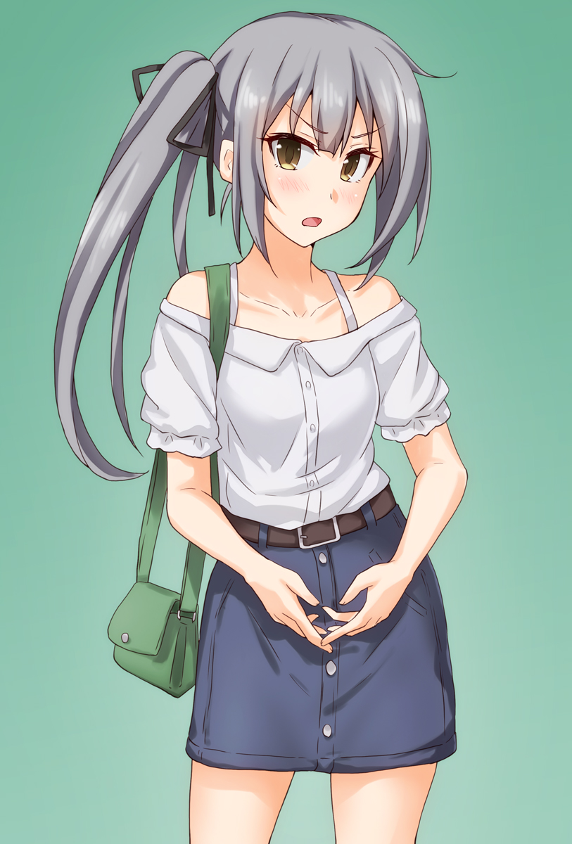 1girl alternate_costume anti_(untea9) bag bare_shoulders belt black_ribbon blue_skirt blush brown_belt casual commentary_request cowboy_shot denim denim_skirt gradient gradient_background green_background green_bag hair_ribbon handbag highres kantai_collection kasumi_(kantai_collection) long_hair looking_at_viewer off-shoulder_shirt off_shoulder open_mouth ribbon shirt short_sleeves side_ponytail silver_hair simple_background skirt solo white_shirt yellow_eyes