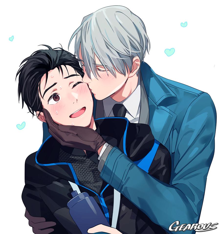 2boys ;d aqua_jacket artist_name black_hair black_neckwear blush bottle brown_eyes brown_gloves cheek_kiss closed_eyes commentary_request eyebrows_visible_through_hair formal gearous gloves grey_hair gym_uniform hair_slicked_back hand_on_another's_arm happy heart holding holding_bottle jacket katsuki_yuuri kiss long_sleeves looking_at_another male_focus multiple_boys necktie one_eye_closed open_mouth round_teeth short_hair simple_background smile standing suit sweat sweatdrop teeth upper_body upper_teeth viktor_nikiforov water_bottle white_background yaoi yuri!!!_on_ice