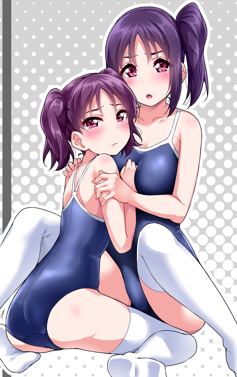 10s 2girls arm_between_breasts ass bangs bare_arms between_breasts blush breasts collarbone commentary_request embarrassed halftone halftone_background hand_between_breasts highres hug kazuno_leah kazuno_sarah love_live! love_live!_school_idol_project medium_breasts multiple_girls one-piece_swimsuit outline polka_dot polka_dot_background purple_hair saint_snow school_swimsuit seiza siblings side_ponytail sisters sitting spread_legs swimsuit thigh-highs twintails violet_eyes white_legwear yopparai_oni