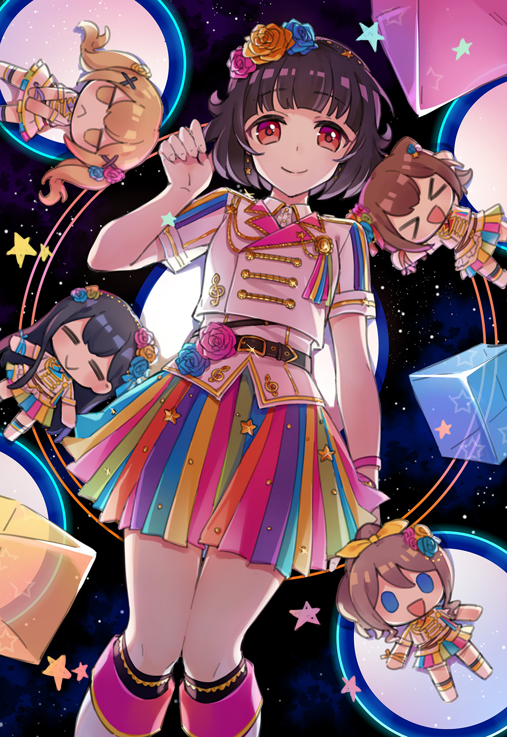 &gt;_&lt; 5girls :&lt; :d =_= \o/ arm_ribbon arms_up bang_dream! bangs belt black_hair blonde_hair blue_eyes blue_ribbon blunt_bangs boots brown_hair collared_shirt cube earrings flower hair_flower hair_ornament hair_ribbon hanazono_tae highres ichigaya_arisa jewelry jitome knee_boots long_hair mujun_atama multicolored multicolored_clothes multicolored_skirt multiple_girls open_mouth outstretched_arms pink_ribbon playing_with_own_hair ponytail poppin'party red_eyes red_ribbon ribbon shirt short_hair skirt sky smile sparkle star star_(sky) starry_background starry_sky toyama_kasumi treble_clef twintails ushigome_rimi x_hair_ornament xd yamabuki_saaya yellow_ribbon