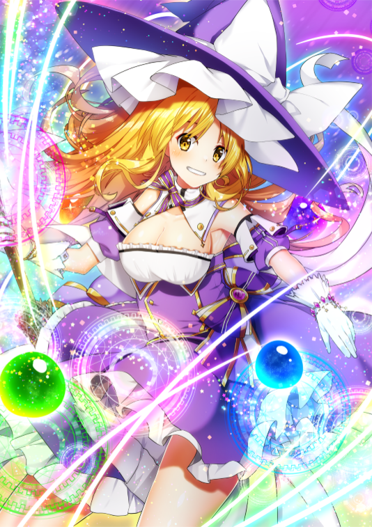 1girl adapted_costume bangs blonde_hair blush bow breasts cleavage collarbone commentary_request cowboy_shot detached_collar detached_sleeves dress gloves grin hat hat_bow holding kirisame_marisa large_breasts light_particles long_hair looking_at_viewer magic_circle petticoat puffy_short_sleeves puffy_sleeves purple_bow purple_dress purple_headwear sea_scorpion_(umisasori) short_sleeves smile solo strapless strapless_dress striped striped_bow thighs touhou white_bow white_gloves witch_hat yellow_eyes