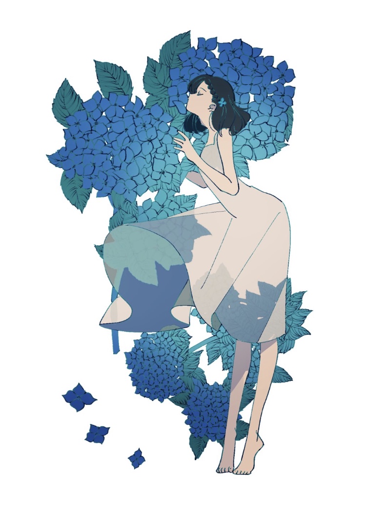 1girl bare_arms bare_shoulders barefoot black_hair blue_flower blue_theme braid closed_eyes commentary dress expressionless flat_chest flower forget-me-not_(flower) full_body hair_flower hair_ornament leaf long_dress original profile see-through short_hair simple_background skirt skirt_lift sleeveless sleeveless_dress solo tiptoes white_background white_dress zero_(jckz2334)