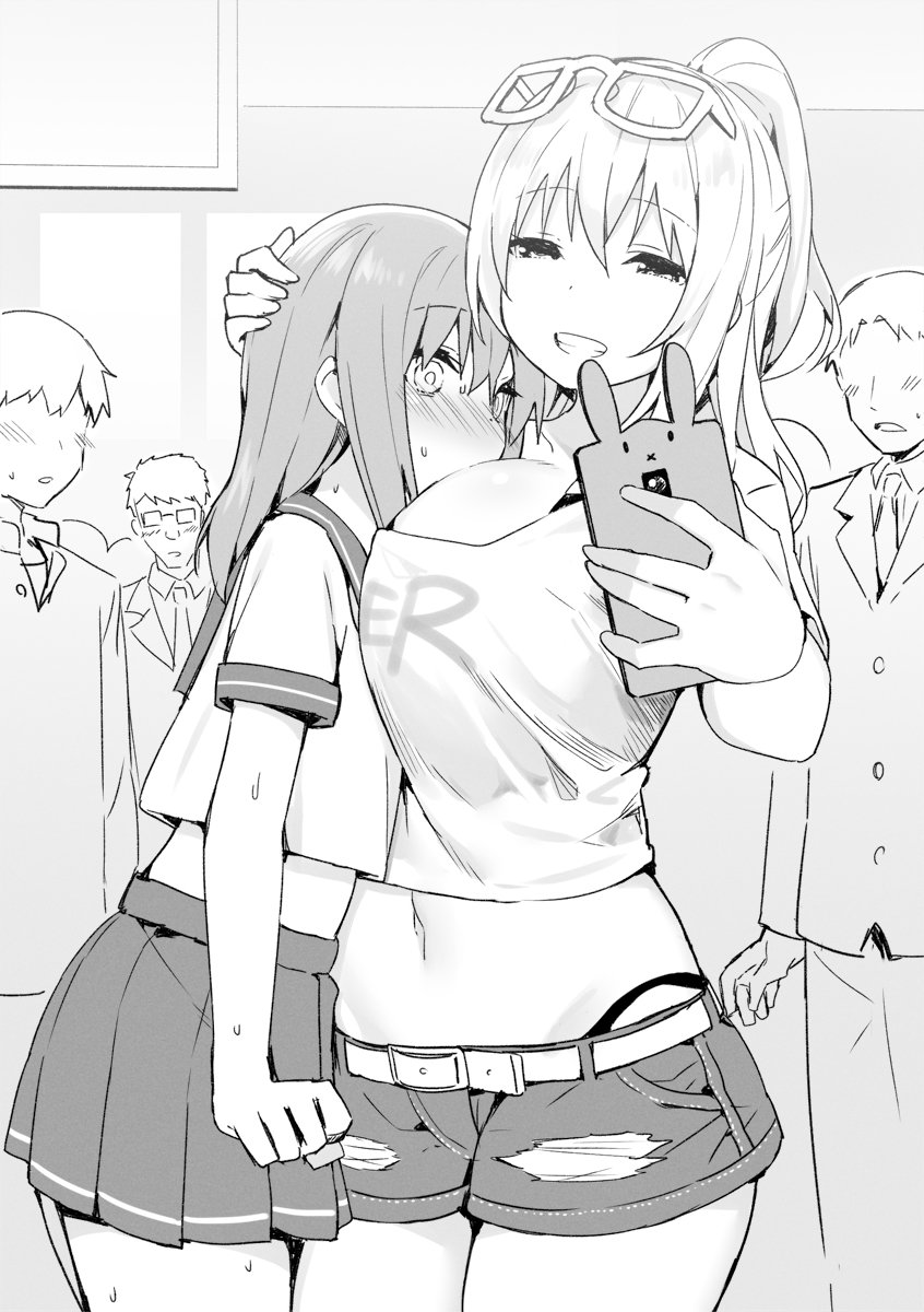 1girl bangs belt blush breast_press breasts cellphone clothes_writing commentary_request crop_top eyebrows_visible_through_hair eyewear_on_head faceless faceless_male greyscale grin hair_between_eyes hand_on_another's_head highres large_breasts long_hair midriff monochrome multiple_boys navel nose_blush original phone pleated_skirt ponytail school_uniform serafuku short_ponytail short_shorts short_sleeves shorts skirt sky_(freedom) smile sunglasses sweat trap