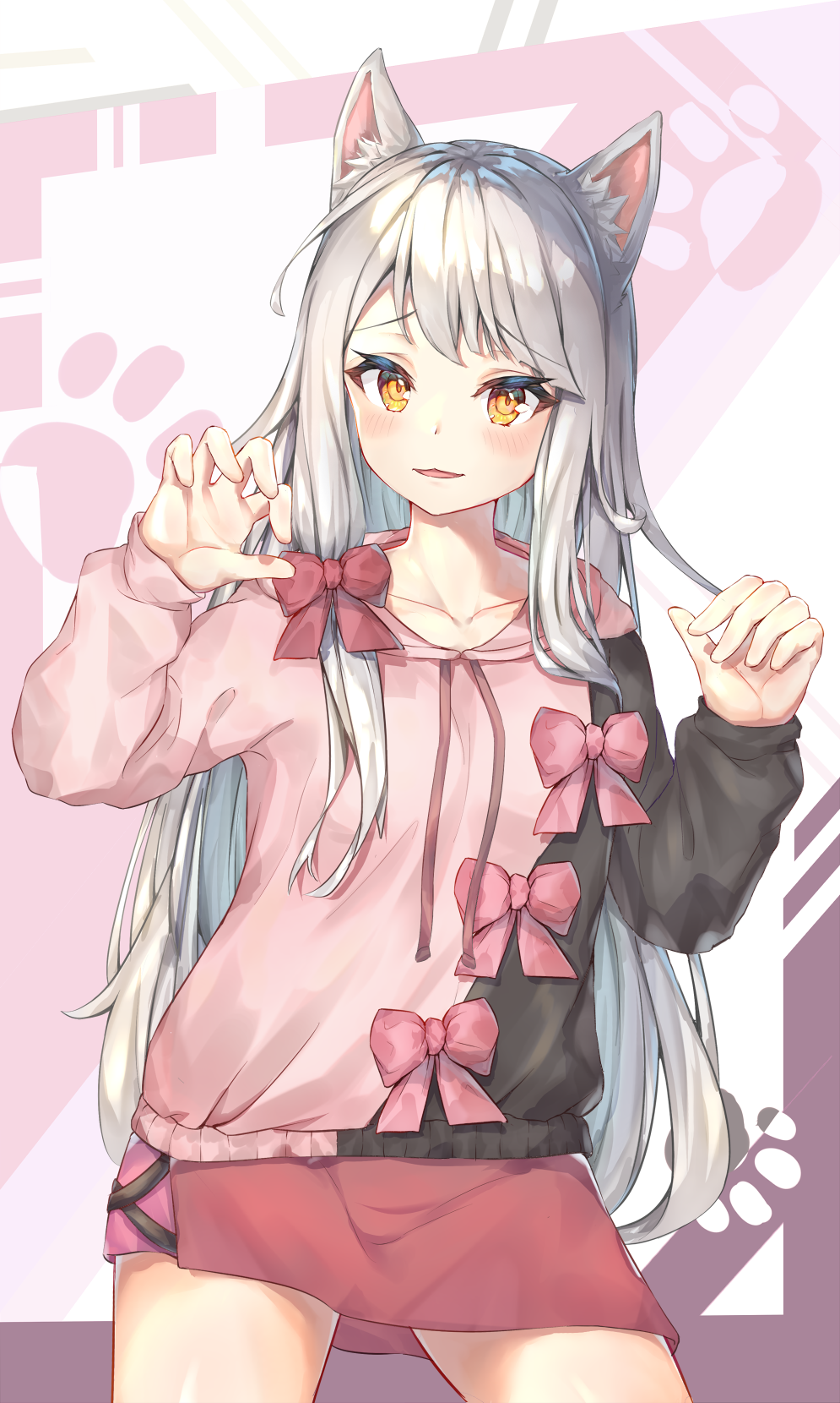 1girl animal_ears blush bow brown_eyes cat_ears collarbone cowboy_shot drawstring hair_bow hands_up highres hood hood_down hoodie long_hair long_sleeves looking_at_viewer miniskirt mishuo_(misuo69421) original parted_lips pink_bow red_bow red_skirt silver_hair skirt smile solo standing very_long_hair