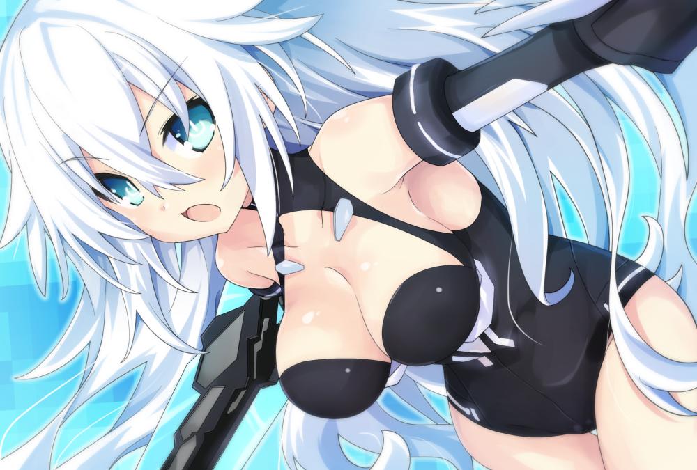 1girl bare_shoulders black_heart blue_eyes blush breasts cleavage elbow_gloves eyebrows_visible_through_hair gloves holding holding_weapon iwasi-r long_hair looking_at_viewer medium_breasts neptune_(series) solo symbol-shaped_pupils very_long_hair weapon white_hair