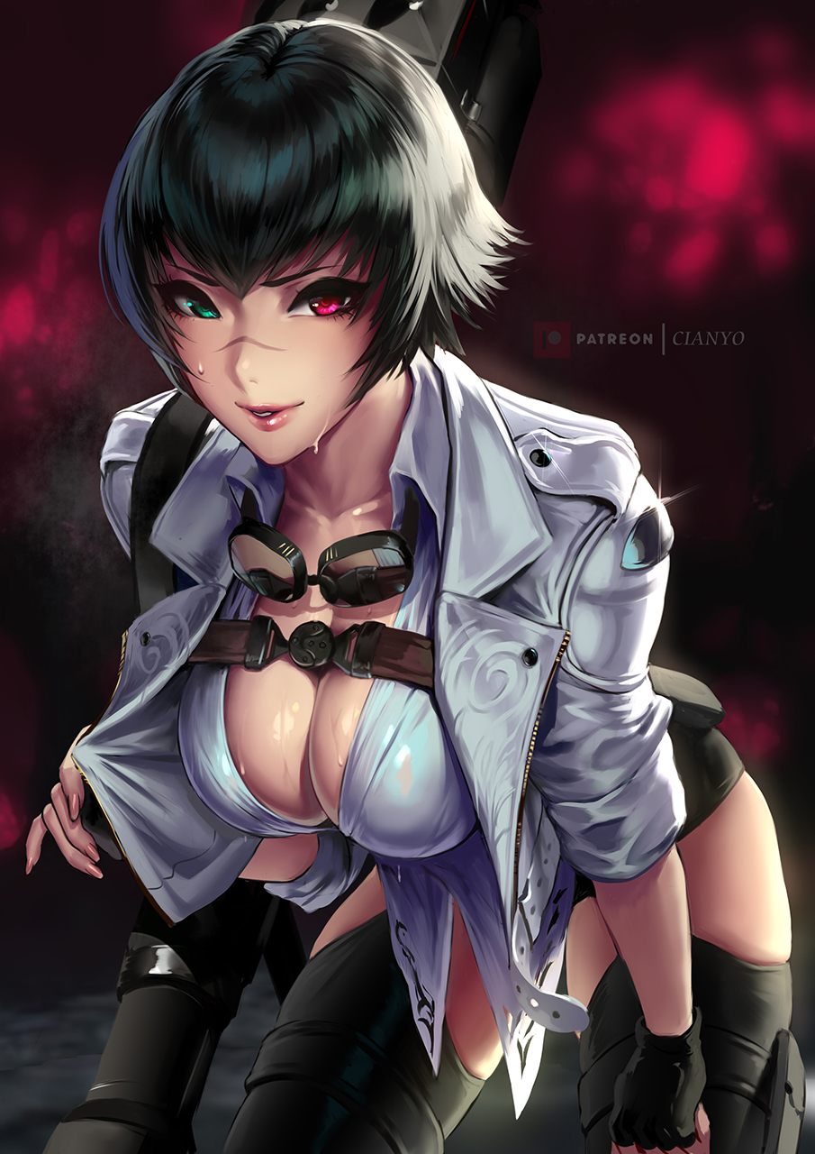 1girl black_gloves black_hair breasts chaps cian_yo cleavage commentary devil_may_cry devil_may_cry_5 fingerless_gloves gloves goggles goggles_around_neck green_eyes heterochromia highres jacket kalina_ann_(weapon) lady_(devil_may_cry) leaning_forward looking_at_viewer over_shoulder parted_lips red_eyes rocket_launcher scar short_hair short_shorts shorts smile solo strap sweat weapon weapon_over_shoulder white_jacket