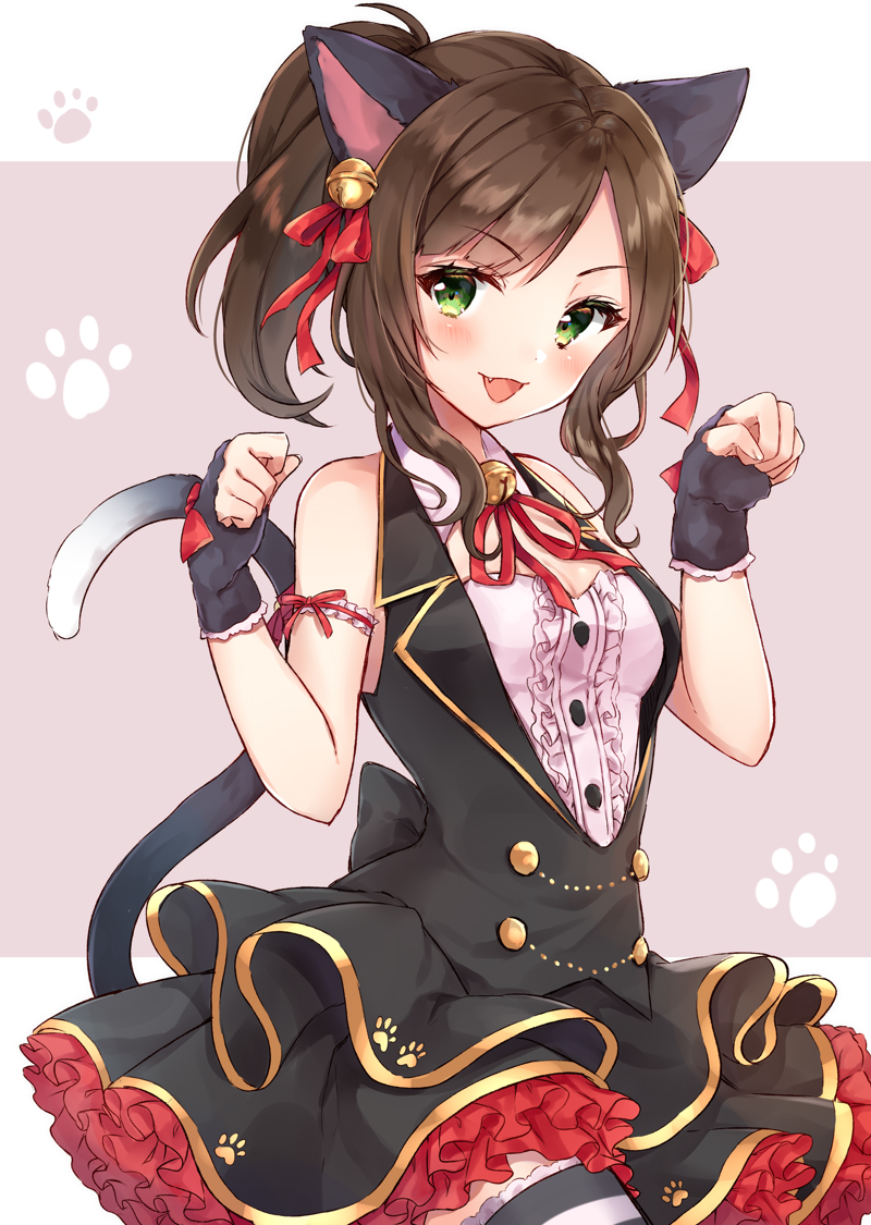 1girl :d animal_ears bell black_gloves black_skirt bow breasts brown_hair cat_ears cat_tail cleavage cowboy_shot detached_collar dress_shirt eyebrows_visible_through_hair fang fingerless_gloves gloves green_eyes hair_bell hair_ornament hair_ribbon idolmaster idolmaster_cinderella_girls layered_skirt legs long_hair looking_at_viewer maekawa_miku medium_breasts miniskirt nazuna_shizuku open_mouth ponytail red_bow red_ribbon ribbon shirt skirt smile solo standing striped striped_legwear tail thigh-highs white_shirt wing_collar