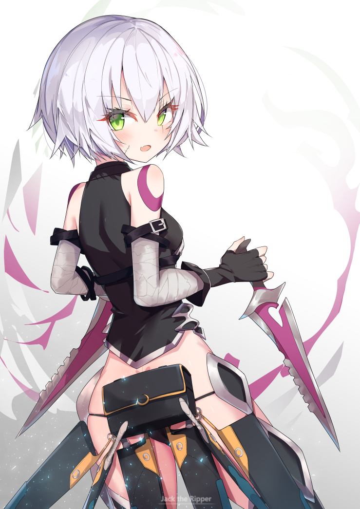 1girl :d ass bag bandage bandaged_arm bandages bangs bare_shoulders black_gloves black_legwear black_shirt blush breasts dagger dual_wielding dutch_angle eyebrows_visible_through_hair facial_scar fang fate/grand_order fate_(series) fingerless_gloves from_behind gloves gradient gradient_background green_eyes grey_background hair_between_eyes holding holding_dagger holding_weapon jack_the_ripper_(fate/apocrypha) looking_at_viewer looking_back open_mouth satchel scar scar_across_eye scar_on_cheek sheath shirt silver_hair sleeveless sleeveless_shirt small_breasts smile solo thigh-highs unsheathed w.k weapon white_background