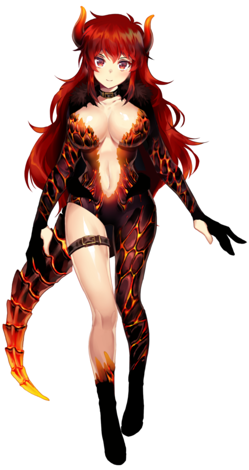 1girl bangs black_collar blush breasts cleavage closed_mouth collar collarbone dola_(nijisanji) dragon_girl dragon_horns dragon_tail full_body g.t hair_between_eyes horns large_breasts leg_belt long_hair looking_at_viewer midriff navel nijisanji official_art red_eyes redhead scales smile solo standing tachi-e tail thighs virtual_youtuber