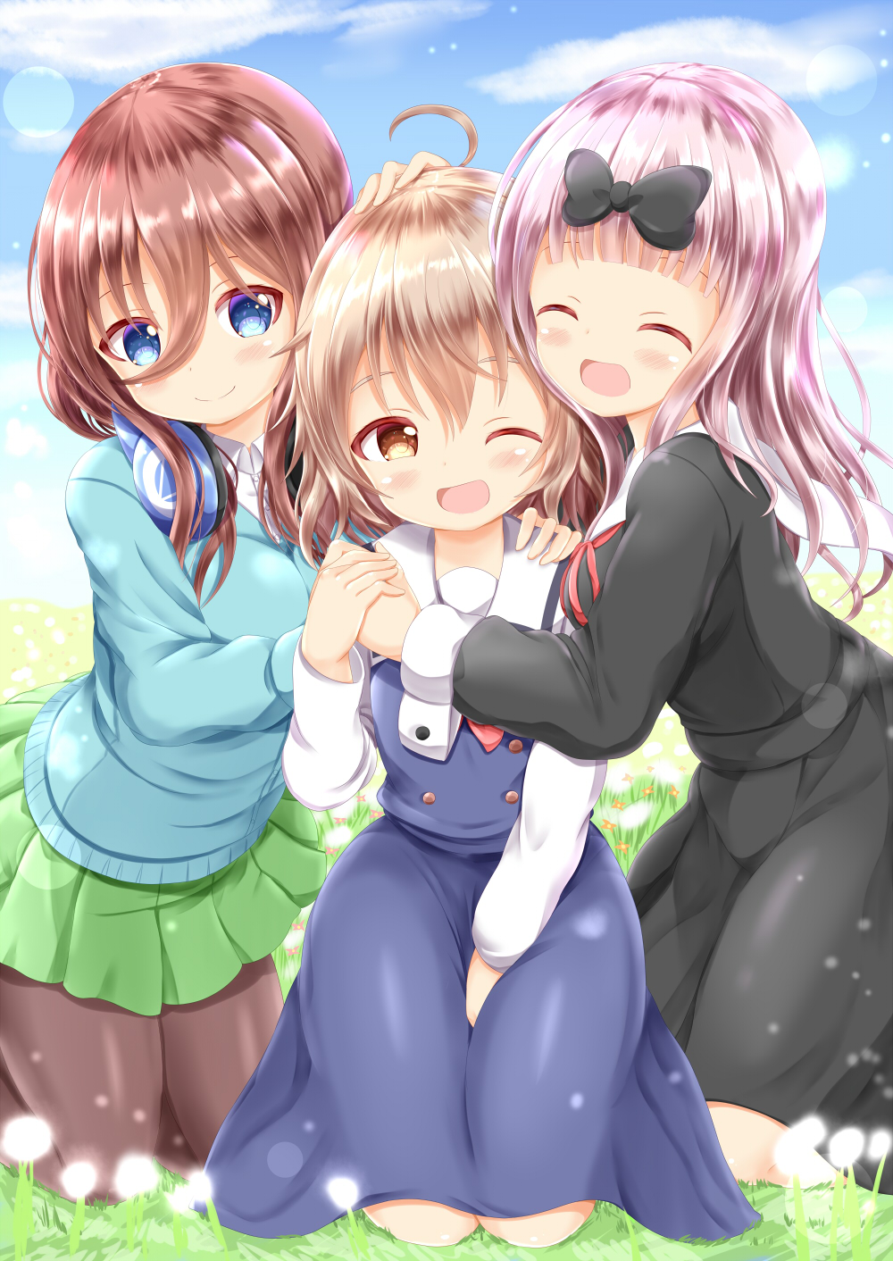 3girls :d ;d ^_^ ahoge bangs between_legs black_bow black_dress blue_cardigan blue_dress blue_eyes blue_sky blush bow breasts brown_eyes brown_hair brown_legwear cardigan closed_eyes closed_eyes clouds cloudy_sky collared_shirt commentary_request crossover day dress dress_shirt eyebrows_visible_through_hair fujiwara_chika go-toubun_no_hanayome green_skirt hair_between_eyes hair_bow hand_between_legs highres hug kaguya-sama_wa_kokurasetai_~tensai-tachi_no_renai_zunousen~ kneeling konomori_kanon light_brown_hair long_hair medium_breasts multiple_crossover multiple_girls nakano_miku neck_ribbon on_grass one_eye_closed open_mouth outdoors pantyhose pink_hair pleated_skirt red_ribbon ribbon sailor_collar sailor_dress school_uniform season_connection shirt skirt sky sleeveless sleeveless_dress smile watashi_ni_tenshi_ga_maiorita! white_sailor_collar white_shirt zenon_(for_achieve)