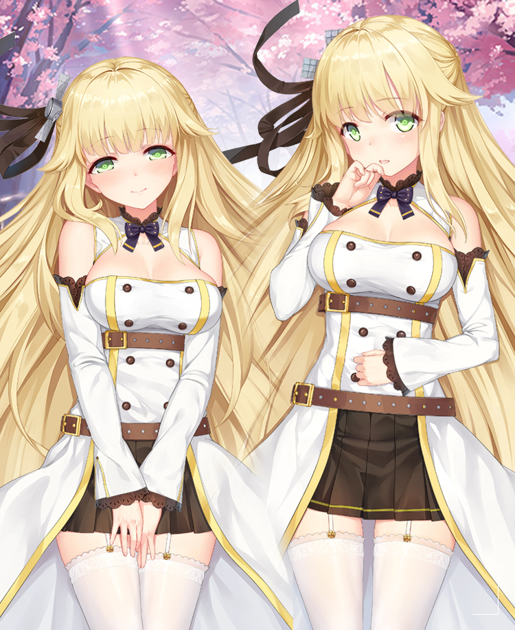 1girl aurora_(f10)_(azur_lane) azur_lane bangs bare_shoulders belt blonde_hair blush bow bowtie breasts brown_skirt cherry_blossoms cherrybell cleavage closed_mouth detached_collar detached_sleeves dress eyebrows_visible_through_hair green_eyes hair_flaps hair_ornament hair_ribbon hand_up lace-trimmed_sleeves large_breasts long_hair long_sleeves looking_at_viewer multiple_belts open_mouth pleated_skirt purple_neckwear ribbon skirt smile thigh-highs very_long_hair white_legwear