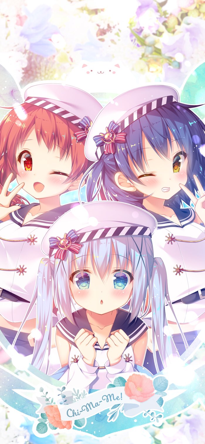 3girls :o ;d bangs belly_peek belt blue_eyes blue_hair blush bow brown_eyes clenched_hand detached_sleeves flower gochuumon_wa_usagi_desu_ka? grin hand_up hands_up hat hat_bow highres jouga_maya kafuu_chino light_blue_hair long_hair long_sleeves looking_at_viewer mitsumomo_mamu multiple_girls natsu_megumi navel one_eye_closed open_mouth phone_wallpaper red_eyes redhead sailor_hat school_uniform serafuku short_hair smile tippy_(gochiusa) twintails two_side_up v