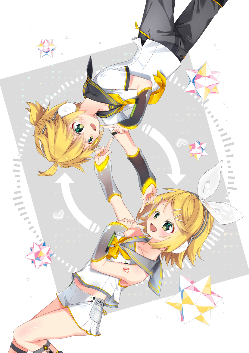 1boy 1girl arami_o_8 arrow black_sleeves blonde_hair bow collarbone commentary detached_sleeves feet_out_of_frame fortissimo graphic_equalizer green_eyes grey_collar grey_sleeves hair_bow hair_ornament hairclip headphones heart index_finger_raised kagamine_len kagamine_rin koi_dance neck_ribbon necktie pants polyhedron ponytail ribbon rotational_symmetry sailor_collar see-through see-through_sleeves shirt short_hair short_shorts shorts shoulder_tattoo smile symbol_commentary symmetry tattoo vocaloid white_bow white_shirt yellow_neckwear yellow_ribbon