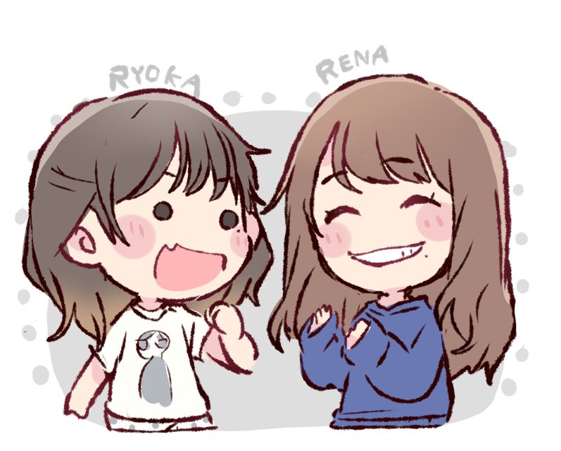 2girls :d ^_^ akb48 black_eyes black_hair blue_shirt blush_stickers brown_hair character_name chibi clenched_hand closed_eyes closed_eyes commentary_request fang grin hand_up hands_up katou_rena long_hair long_sleeves looking_at_another mole mole_under_mouth multiple_girls ooshima_ryouka open_mouth print_shirt real_life shirt short_sleeves smile t-shirt taneda_yuuta upper_body v-shaped_eyebrows white_shirt
