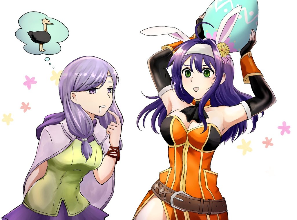 2girls alternate_costume animal_ears arms_up bare_shoulders belt black_gloves blue_hair breasts cleavage drooling easter_egg egg elbow_gloves fake_animal_ears fingerless_gloves fire_emblem fire_emblem:_akatsuki_no_megami fire_emblem:_souen_no_kiseki fire_emblem_heroes flower gloves green_eyes green_shirt hair_flower hair_ornament hairband holding ilyana kura_(okura_eekura) long_hair medium_breasts multiple_girls nintendo open_mouth parted_lips purple_hair purple_skirt rabbit_ears shirt simple_background skirt violet_eyes wayu_(fire_emblem) white_background white_hairband