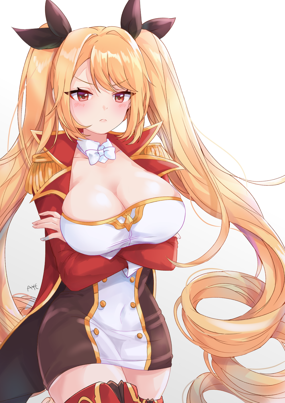1girl artist_name aye azur_lane bangs black_ribbon blonde_hair blush breast_hold breasts cleavage collarbone covered_navel epaulettes eyebrows_visible_through_hair eyelashes floating_hair frown gradient hair_ribbon highres large_breasts long_hair looking_at_viewer nelson_(azur_lane) pout red_eyes ribbon sidelocks signature solo standing thigh-highs twintails very_long_hair