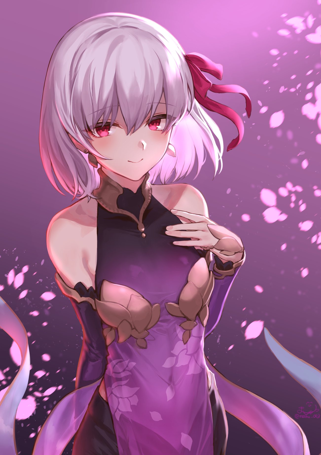 1girl arm_behind_back bangs bare_shoulders black_pants blush breasts china_dress chinese_clothes covered_navel cowboy_shot detached_sleeves dress earrings eyebrows_visible_through_hair fate/grand_order fate_(series) hair_ribbon hand_up highres jewelry kama_(fate/grand_order) looking_at_viewer mashu_003 medium_breasts pants pelvic_curtain petals purple_dress purple_hair red_eyes red_ribbon ribbon short_hair sidelocks smile solo