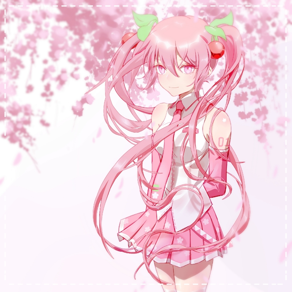 1girl breasts cherry_blossoms commentary_request detached_sleeves hair_between_eyes hair_ornament hatsune_miku long_hair looking_at_viewer medium_breasts necktie pink_eyes pink_hair pink_neckwear pleated_skirt ribbon sakura_miku shirt skirt smile solo standing thigh-highs twintails very_long_hair vocaloid white_shirt wuyinmingyue yellow_ribbon