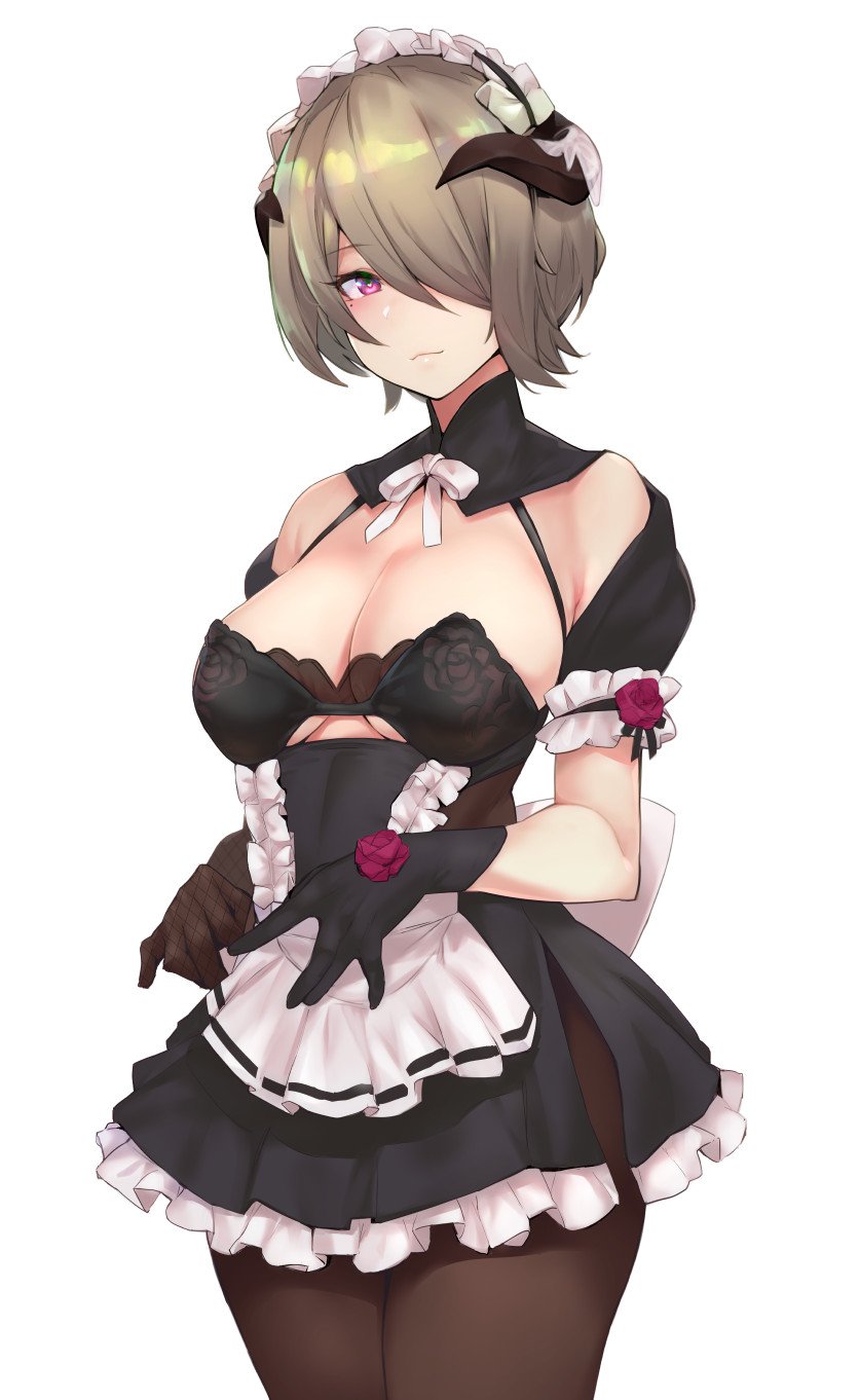 1girl apron bare_shoulders black_gloves black_legwear blush breasts cleavage closed_mouth cowboy_shot flower frilled_apron frilled_skirt frills gloves grey_hair hair_over_one_eye heart heart-shaped_pupils highres honkai_(series) honkai_impact_3 horns kurowa large_breasts looking_at_viewer maid_headdress mismatched_gloves mole mole_under_eye pantyhose pink_eyes red_flower red_rose rita_rossweisse rose short_hair simple_background skirt smile solo symbol-shaped_pupils under_boob