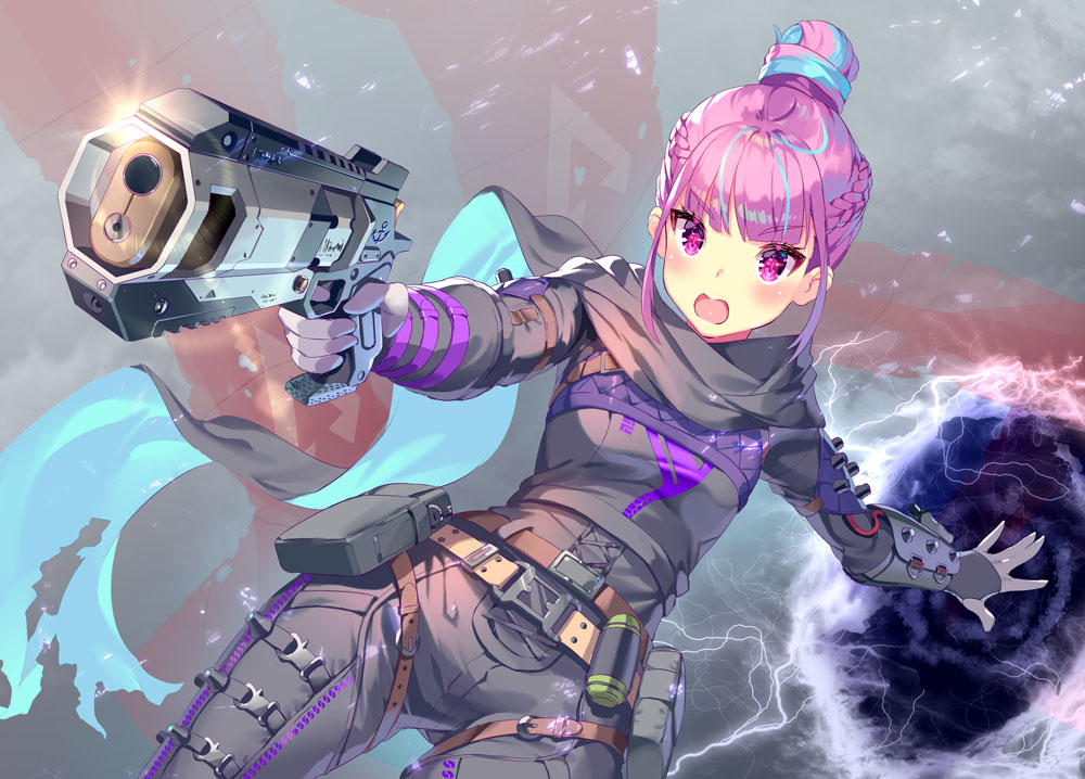 1girl aguy alternate_costume alternate_hairstyle anchor_symbol apex_legends bangs banner belt belt_buckle blue_hair blush bodysuit braid breasts buckle commentary_request cosplay cowboy_shot electricity eyebrows_visible_through_hair gloves grey_bodysuit gun hair_between_eyes hair_bun handgun holding holding_gun holding_weapon looking_at_viewer minato_aqua multicolored_hair open_mouth pants pink_hair portal_(object) ribbon scarf short_hair sidelocks small_breasts solo standing two-tone_hair utility_belt violet_eyes virtual_youtuber weapon wraith_(apex_legends) wraith_(apex_legends)_(cosplay)