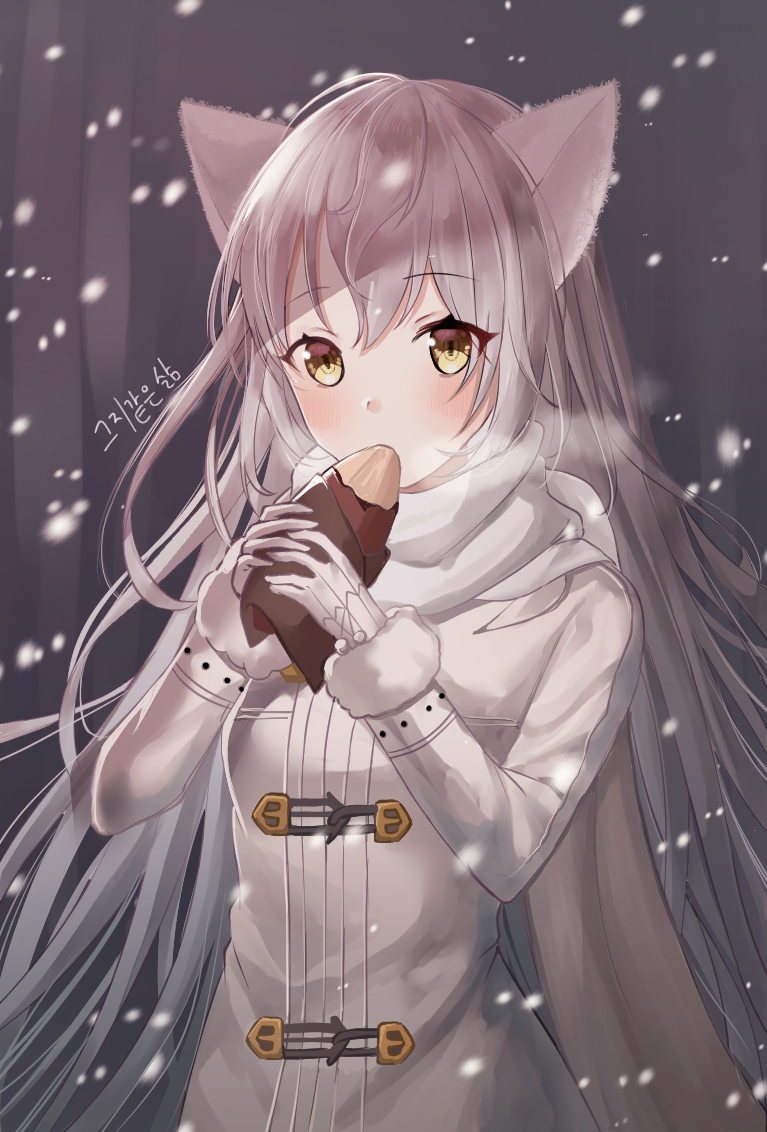 1girl animal_ears blush cat_ears daengdaeng duffel_coat elsword eve_(elsword) food gloves grey_coat hands_up holding holding_food long_coat long_hair long_sleeves looking_at_viewer scarf silver_hair snowing solo upper_body very_long_hair white_gloves white_scarf winter winter_clothes yellow_eyes