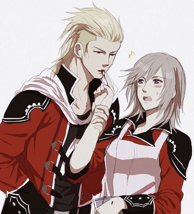 1boy 1girl akademeia_uniform apron blonde_hair blue_eyes brown_eyes cape chocolate closed_eyes final_fantasy final_fantasy_type-0 finger_licking king_(fft-0) licking long_hair military military_uniform plaid plaid_skirt school_uniform seven_(fft-0) short_hair silver_hair simple_background skirt uniform xino