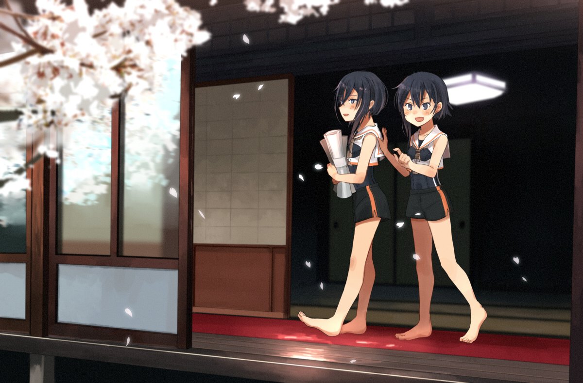 2girls annin_musou architecture asymmetrical_hair barefoot black_hair blurry bokeh carrying cherry_blossoms commentary_request depth_of_field east_asian_architecture grey_eyes hair_between_eyes hand_on_another's_shoulder i-13_(kantai_collection) i-14_(kantai_collection) kantai_collection multiple_girls open_mouth petals pointing sailor_collar school_swimsuit short_hair sidelocks smile swimsuit veranda