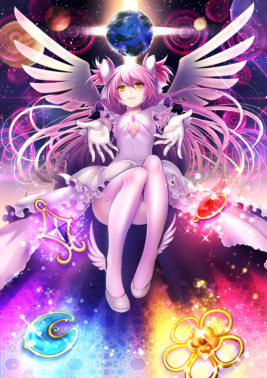 1girl breasts cleavage cleavage_cutout dress floating_hair full_body gloves goddess_madoka grey_footwear hair_between_eyes highres long_hair looking_at_viewer mahou_shoujo_madoka_magica matsurika_youko parted_lips pink_hair pink_legwear planet small_breasts solo thigh-highs two_side_up very_long_hair white_dress white_gloves white_wings wings yellow_eyes