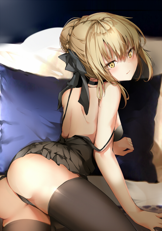 1girl artoria_pendragon_(all) ass back bangs bare_arms black_legwear black_ribbon blonde_hair blush breasts closed_mouth commentary_request dress fate/grand_order fate/stay_night fate_(series) from_behind hair_between_eyes hair_ribbon looking_at_viewer looking_back medium_breasts on_bed pon_(ponidrop) revealing_clothes ribbon saber_alter short_dress solo thigh-highs thighs yellow_eyes
