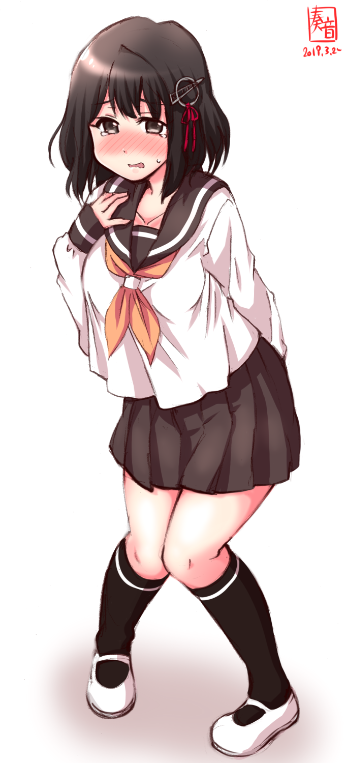 1girl alternate_costume artist_logo black_hair black_sailor_collar black_skirt blush brown_eyes commentary_request dated embarrassed full_body haguro_(kantai_collection) hair_ornament highres kanon_(kurogane_knights) kantai_collection knees_together looking_at_viewer neckerchief open_mouth pleated_skirt sailor_collar school_uniform serafuku shoes short_hair simple_background skirt solo tears uwabaki white_background white_footwear yellow_neckwear