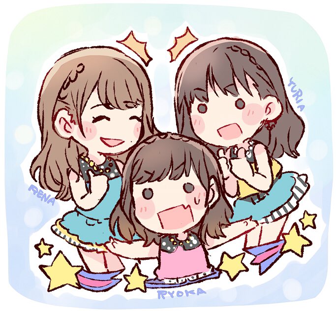 /\/\/\ 3girls akb48 aqua_dress bangs black_hair braid brown_hair character_name chibi commentary_request dress fang katou_rena kizaki_yuria long_hair mole mole_under_mouth multiple_girls ooshima_ryouka outstretched_arms real_life spread_arms star sweatdrop taneda_yuuta triangle_mouth v-shaped_eyebrows