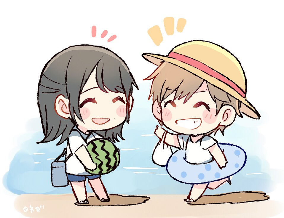 2girls ^_^ akb48 artist_name bag bangs black_hair blue_shorts blush_stickers brown_hair chibi closed_eyes closed_eyes commentary_request food fruit hat holding holding_food holding_fruit innertube long_hair multiple_girls murayama_yuiri notice_lines ocean okada_nana outdoors real_life sandals shirt shopping_bag short_hair short_sleeves shorts shoulder_bag standing summer sun_hat t-shirt taneda_yuuta walking watermelon waving white_shirt