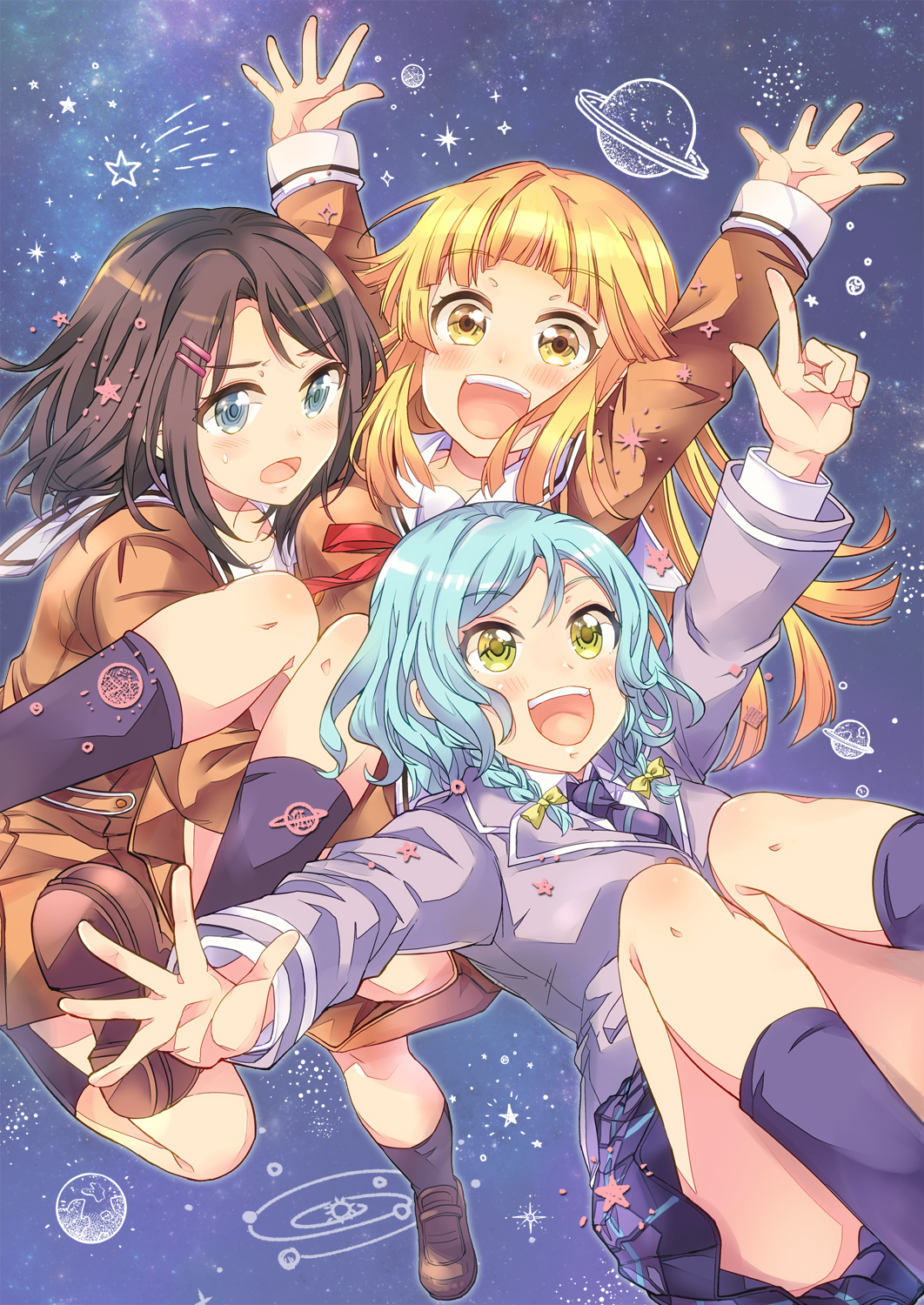 3girls :d \o/ aqua_hair arms_up bang_dream! bangs black_footwear black_hair blazer blonde_hair blue_eyes blue_neckwear blue_skirt blush bow brown_dress carrying cover cover_page doujin_cover dress earth green_eyes grey_jacket hair_bow hair_ornament hairpin hanasakigawa_school_uniform haneoka_school_uniform highres hikawa_hina jacket long_hair long_sleeves looking_at_viewer multiple_girls navy_blue_legwear neck_ribbon necktie okusawa_misaki open_mouth outstretched_arms pointing princess_carry red_neckwear ribbon sailor_dress saturn school_uniform shoes shooting_star short_hair side_braids skirt smile socks solar_system space spread_arms star starry_background striped striped_neckwear sweatdrop takitarou textless tsurumaki_kokoro yellow_bow yellow_eyes