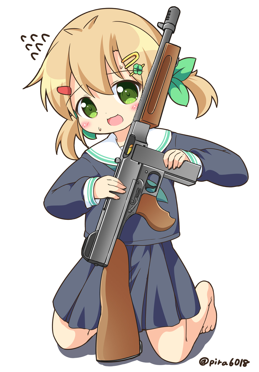 1girl blonde_hair feet_only green_eyes gun highres long_sleeves neckerchief no_socks original pila-pela sailor submachine_gun sweatdrop thompson_submachine_gun weapon