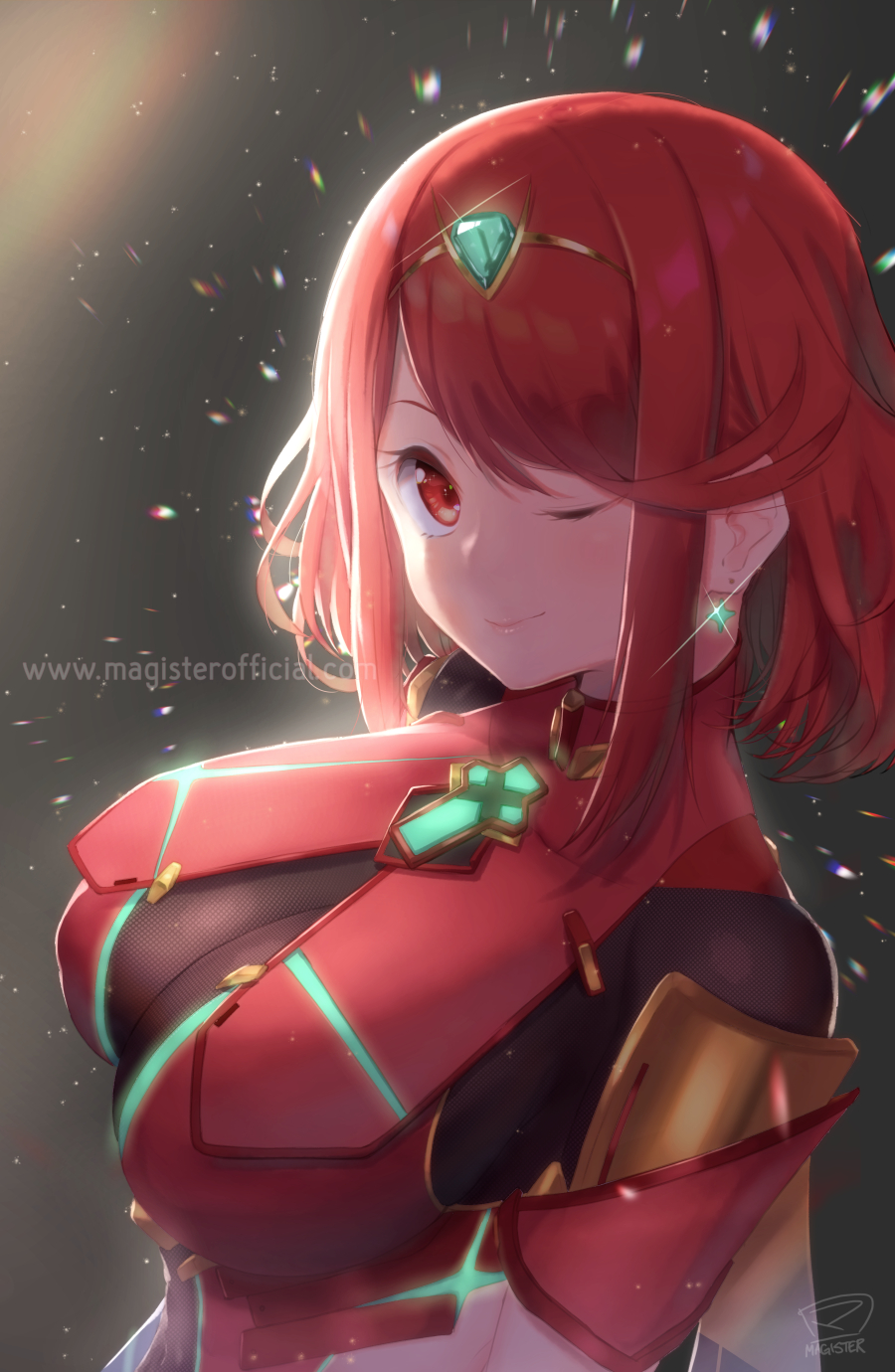 1girl arms_at_sides black_background bodysuit breasts circlet cleavage commentary earrings highres pyra_(xenoblade) jewelry large_breasts long_hair looking_at_viewer magister_(medical_whiskey) nintendo one_eye_closed red_eyes redhead signature solo upper_body xenoblade_(series) xenoblade_2
