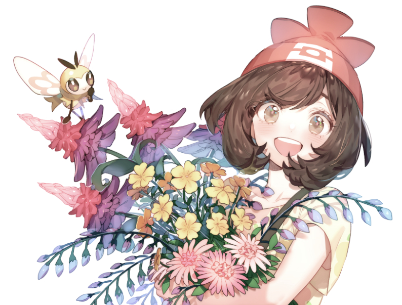 1girl beanie black_hair creatures_(company) cutiefly flower game_freak gen_7_pokemon hat mizuki_(pokemon) nintendo open_mouth pokemon pokemon_(creature) pokemon_(game) pokemon_sm red_headwear short_hair short_sleeves simple_background white_background zuizi