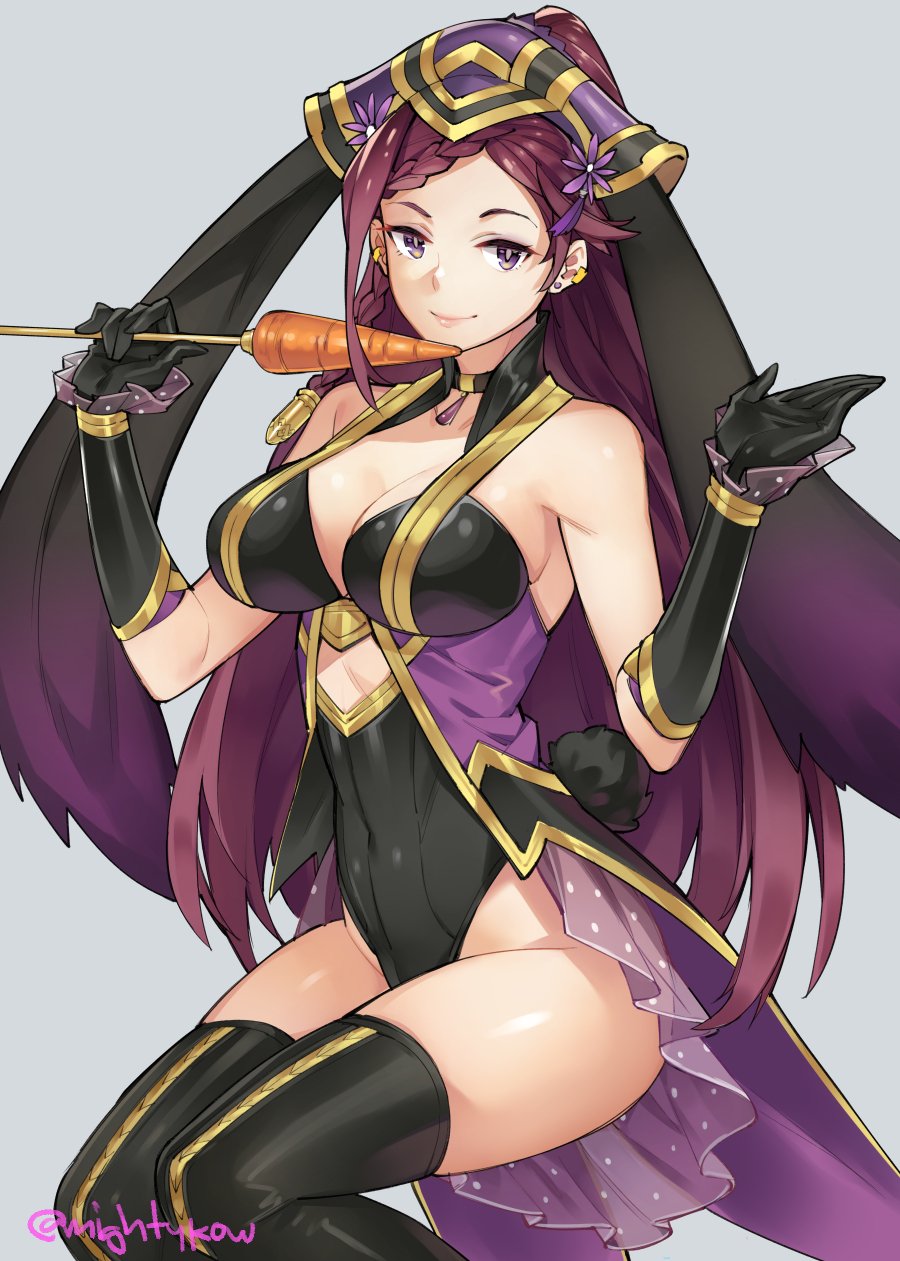 1girl alternate_costume animal_ears bare_shoulders black_gloves black_leotard braid breasts bunny_suit carrot cleavage closed_mouth commentary earrings fire_emblem fire_emblem_heroes food gebyy-terar gloves grey_background hair_ornament hat highres holding holding_food jewelry large_breasts leotard lips loki_(fire_emblem_heroes) long_hair looking_at_viewer nintendo purple_hair rabbit_ears smile solo thigh-highs thighs violet_eyes