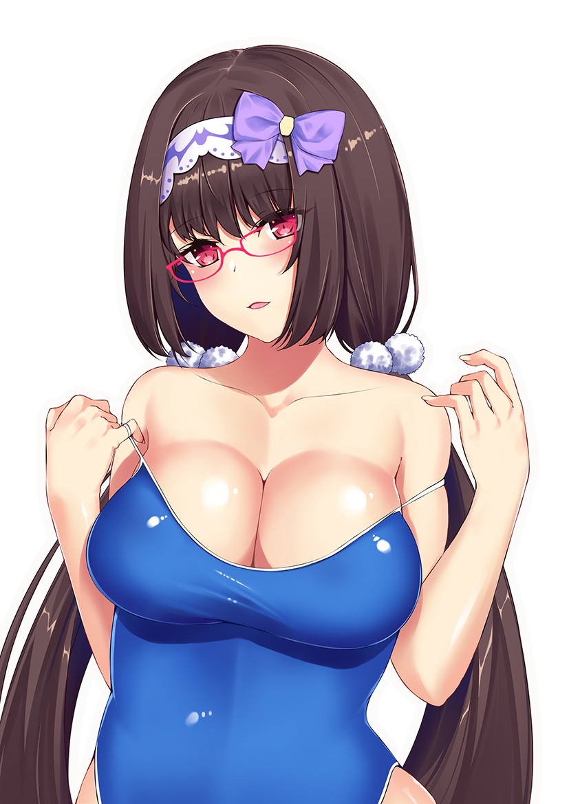 1girl bangs bare_shoulders blue_swimsuit bow breasts brown_hair cleavage collarbone eyebrows_visible_through_hair fate/grand_order fate_(series) glasses hair_bow hairband large_breasts long_hair low_twintails majin_(kiidoumajin) open_mouth osakabe-hime_(fate/grand_order) pink-framed_eyewear purple_bow red_eyes school_swimsuit solo swimsuit twintails white_hairband