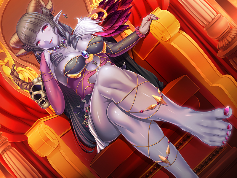 1girl barefoot blue_skin breasts cleavage demon_girl demon_horns demoness_marionette dutch_angle foreshortening grey_hair horns jewelry legs_crossed lipstick long_hair looking_at_viewer makeup nail_polish necklace official_art pink_nails red_curtain red_eyes red_nails sitting skull solo throne