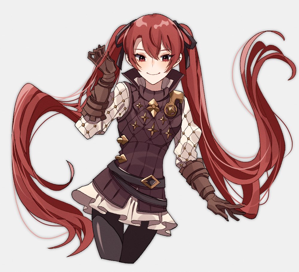 1girl belt black_legwear brown_gloves closed_mouth fire_emblem fire_emblem_if gloves grey_background hair_ribbon long_hair long_sleeves luna_(fire_emblem_if) nintendo pikapika_hoppe red_eyes redhead ribbon simple_background smile solo twintails
